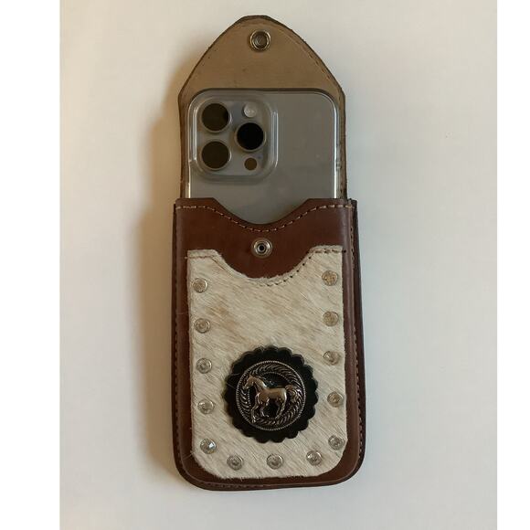 Custom Made Brown Leather Cowhide Western Cell Phone Holster Horse Concho EUC